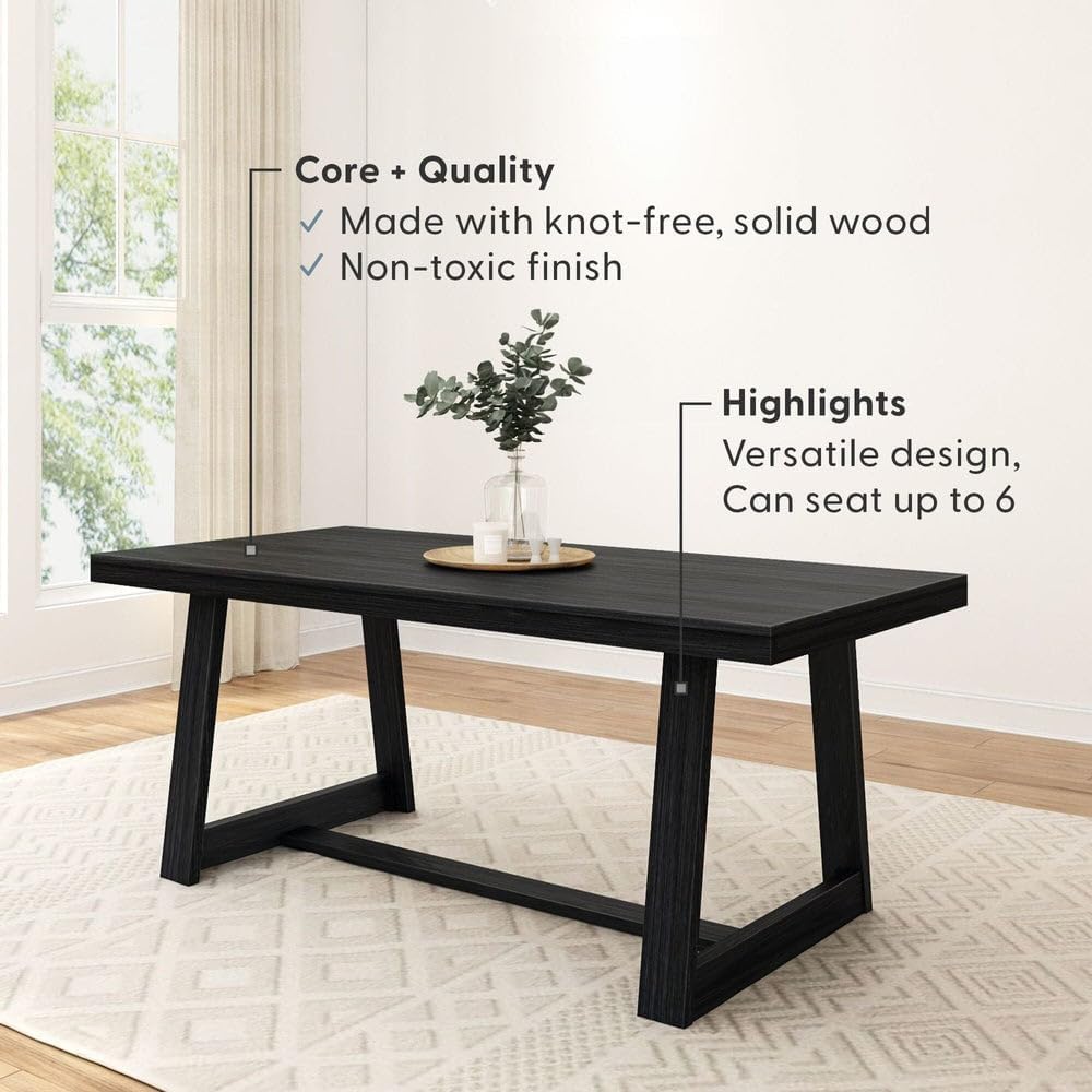 72 Inch Farmhouse Dining Table, Solid Wood Rustic Kitchen Table, Large Wooden Rectangular Dinner Table for Dining Room, Home Office, Living Room Furniture, Easy Assembly, Black Wirebrush