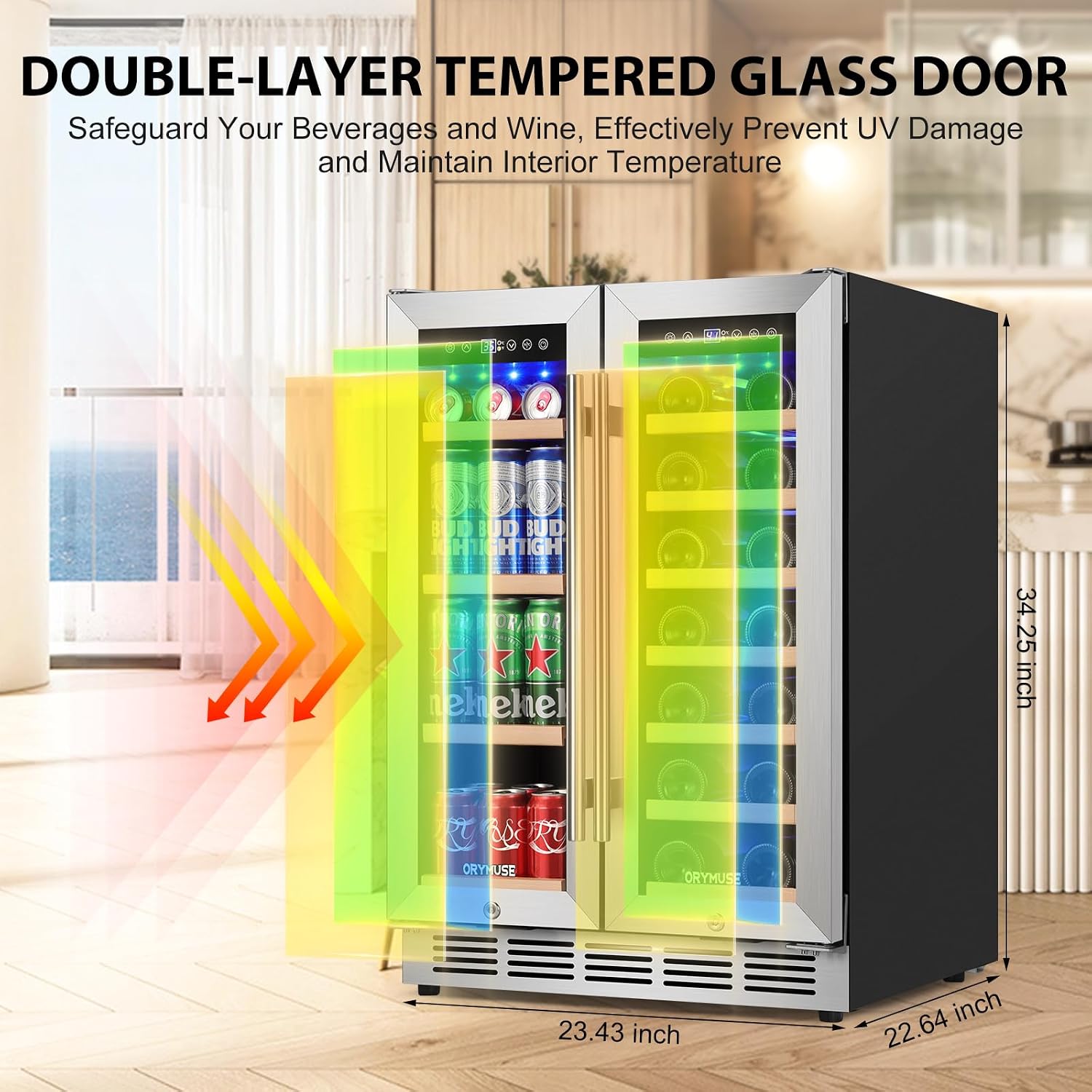 24 Inch Dual Zone Wine and Beverage Refrigerator, Built-in or Freestanding Cooler with French Doors, Under Counter Drink Fridge with Upgraded Compressor for Beer, Wine, and Soda