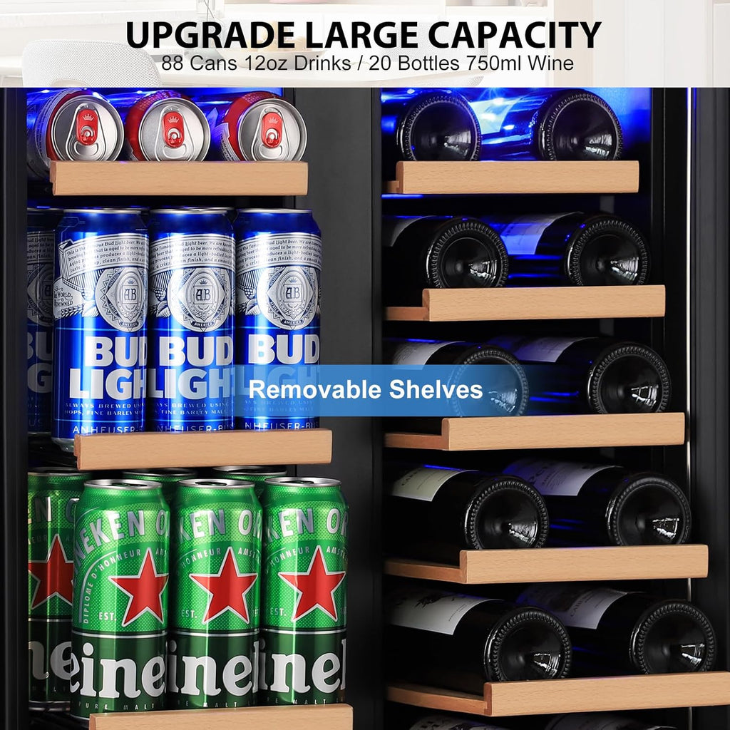 24 Inch Dual Zone Wine and Beverage Refrigerator, Built-in or Freestanding Cooler with French Doors, Under Counter Drink Fridge with Upgraded Compressor for Beer, Wine, and Soda