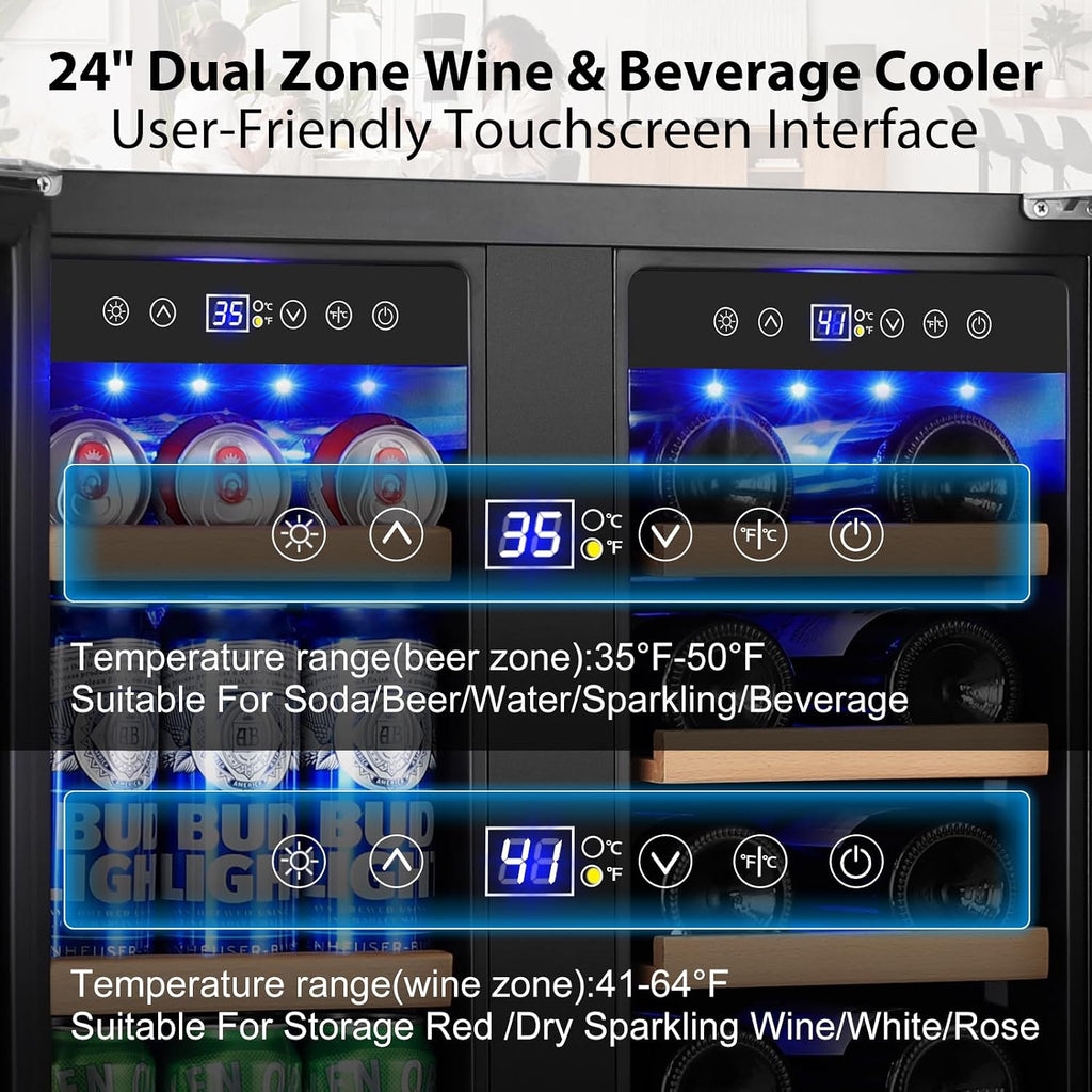 24 Inch Dual Zone Wine and Beverage Refrigerator, Built-in or Freestanding Cooler with French Doors, Under Counter Drink Fridge with Upgraded Compressor for Beer, Wine, and Soda