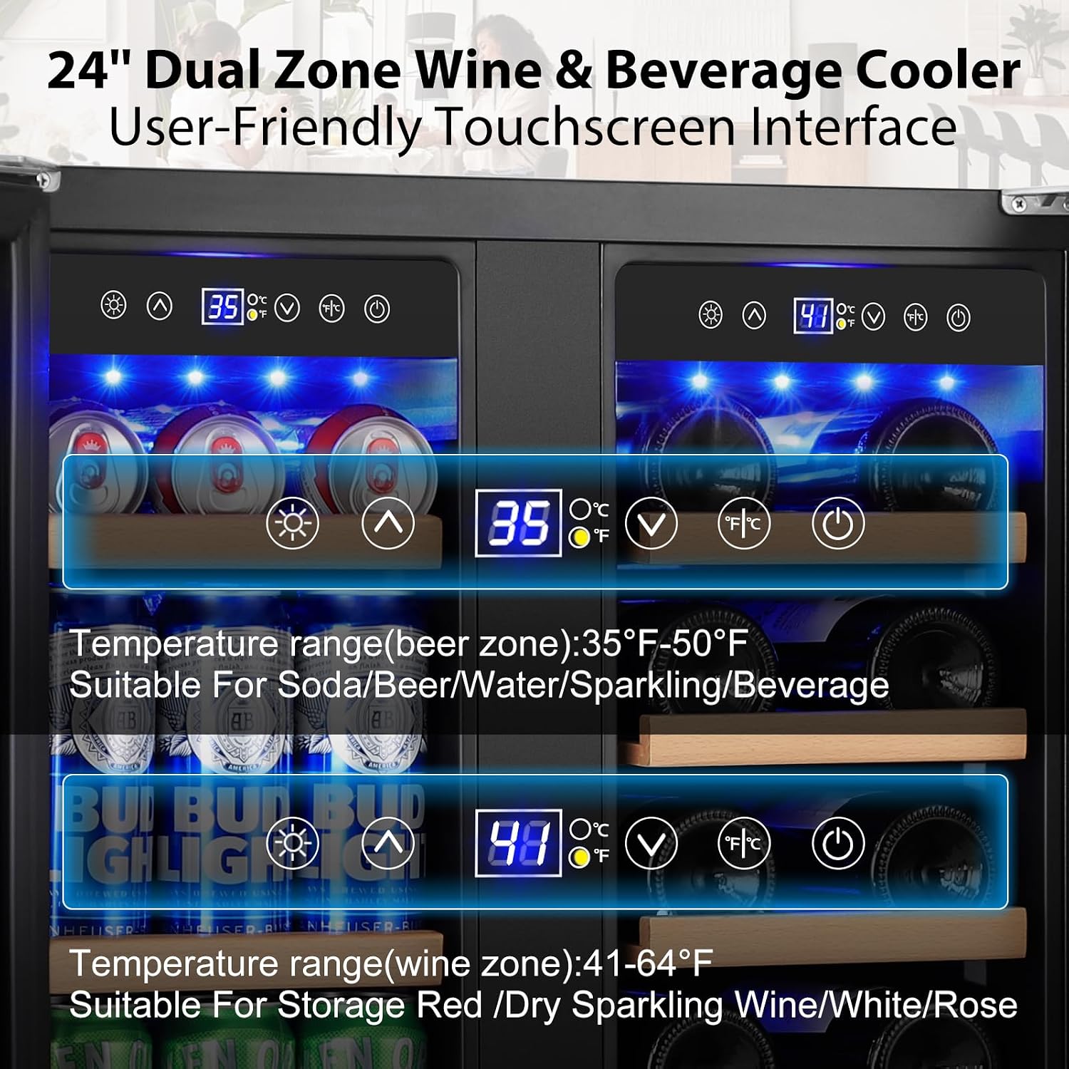 24 Inch Dual Zone Wine and Beverage Refrigerator, Built-in or Freestanding Cooler with French Doors, Under Counter Drink Fridge with Upgraded Compressor for Beer, Wine, and Soda